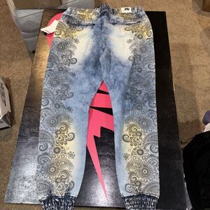 VINTAGE IMPERIOUS DELF MENS ALL OVER GRAPIC JEANS ELASTIC CUFFS 38x31 Y2K RETRO